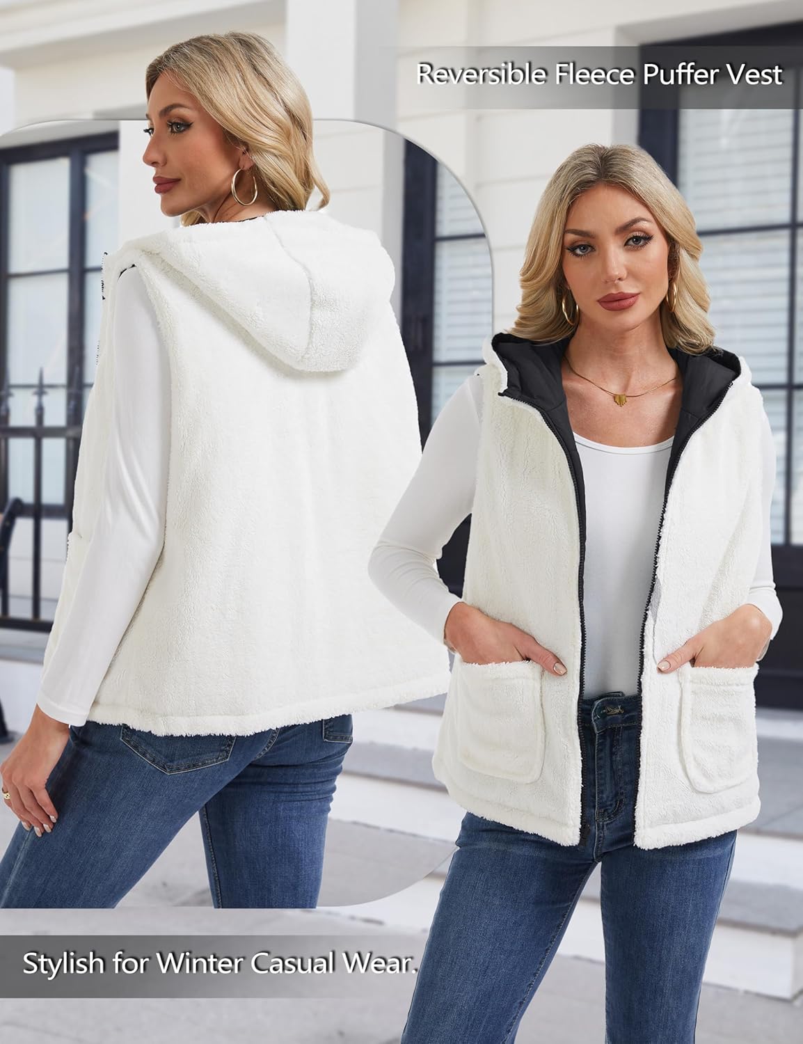 YUCOLEN Womens Puffer Vest Reversible Hooded Fleece Coat Quilted Zip Up Sleeveless Jacket Winter Outerwear with Pockets