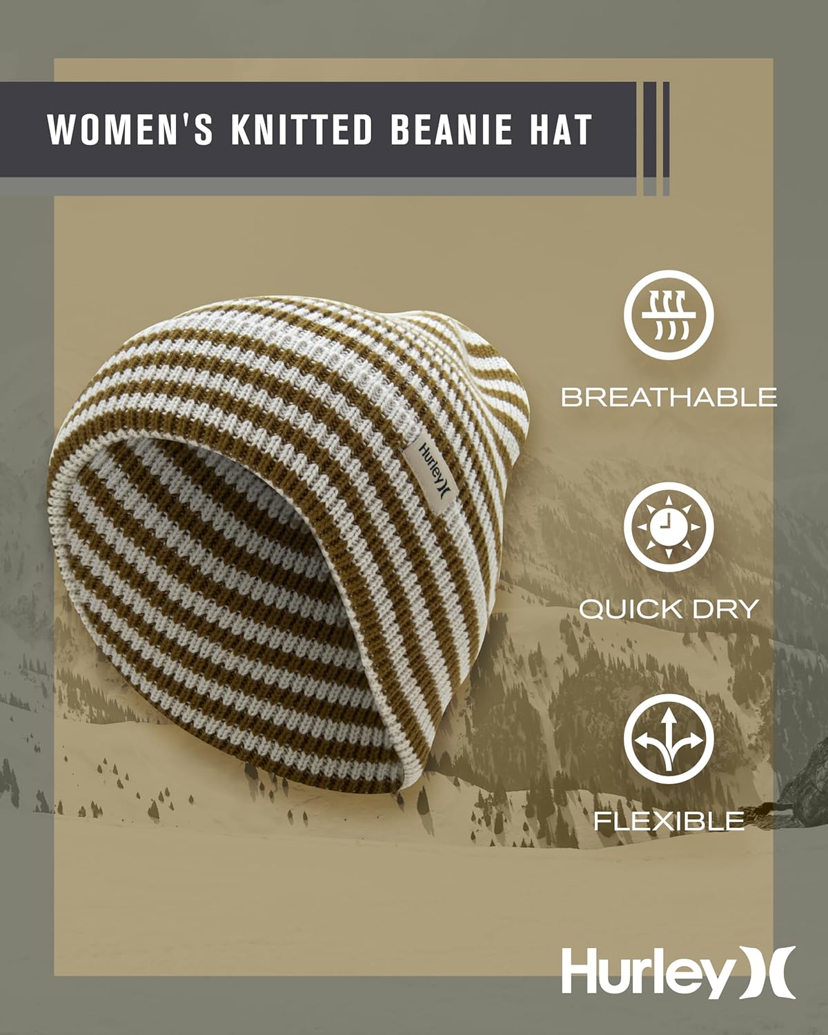 Hurley Women's Billie Beanie Hat - Medium Fit Cable Knit with Jacquard Stripes and Cuff - Winter Hats for Women