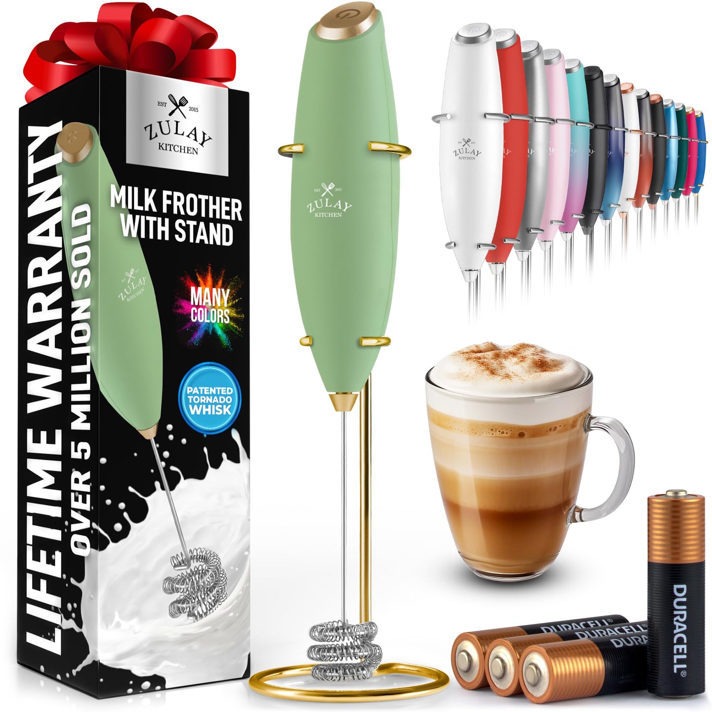 Zulay Kitchen Powerful Milk Frother Wand With 2 Duracell Batteries - Ultra Fast Handheld Drink Mixer - Electric Whisk Foam Maker for Coffee, Lattes, Cappuccino, Matcha, Hot Chocolate & Creamer - Black