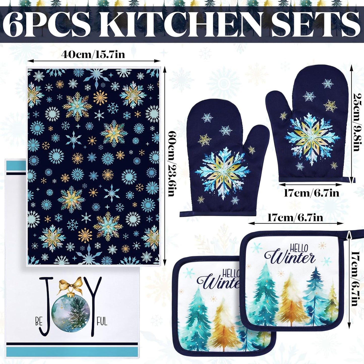 Bencailor 6 Pcs Christmas Kitchen Towel Oven Mitts and Pot Holders Set Xmas Theme Dish Towels Heat Resistant Oven Gloves for Summer Kitchen Cooking Baking Grilling(Colorful Christmas Tree Theme)
