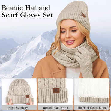 Womens Winter Beanie Hats Long Scarf Touchscreen Gloves Set Warm Knit Skull Caps Gifts for Women