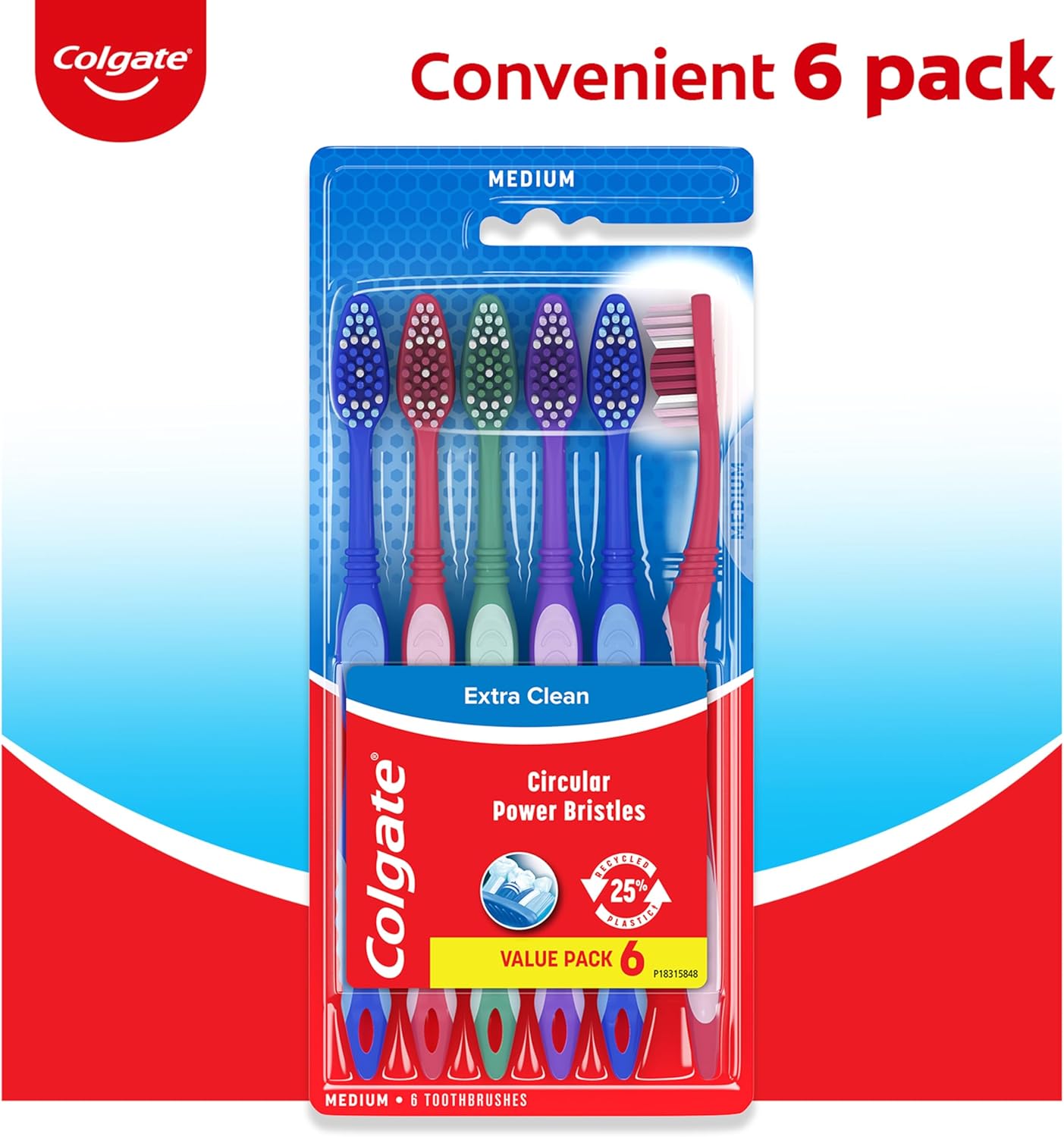 Colgate Extra Clean Toothbrush, Medium Bulk Toothbrush Pack, Adult Medium Bristle Toothbrushes with Ergonomic Handle and Circular Cleaning Bristles, Helps Remove Surface Stains, 6 Pack