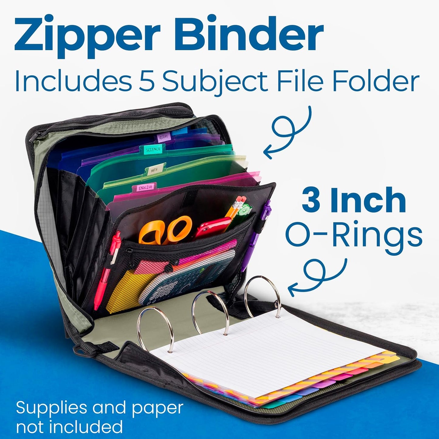 Case-it Mighty Zip Tab School Zipper Binder | 3-Inch O-Rings, 600-Sheet Capacity, 5-Subject Expanding File Folder, Multiple Pockets & Storage Organizer, Shoulder Strap | D-146 Fun Flowers