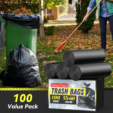 100 Count 55-60 Gallon Trash Bags, Sturdy & Tear-Resistant Commercial Can Liners 55 Gallon, Large Garbage Bags, Large Black Trash Bags for Commercial, Lawn and Leaf Bags