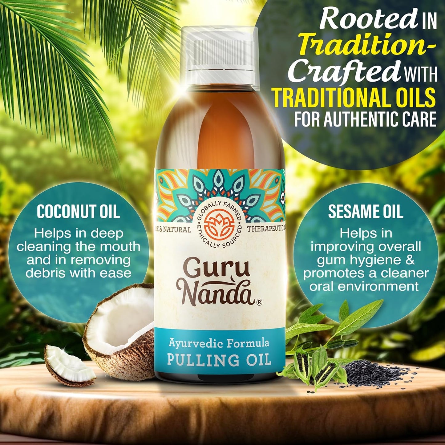 GuruNanda Original Oil Pulling Mouthwash, Promotes Deep Cleaning, with Coconut & Sesame for Teeth & Gum Health & Fresh Breath, Alcohol-Free, 8.45 Fl Oz