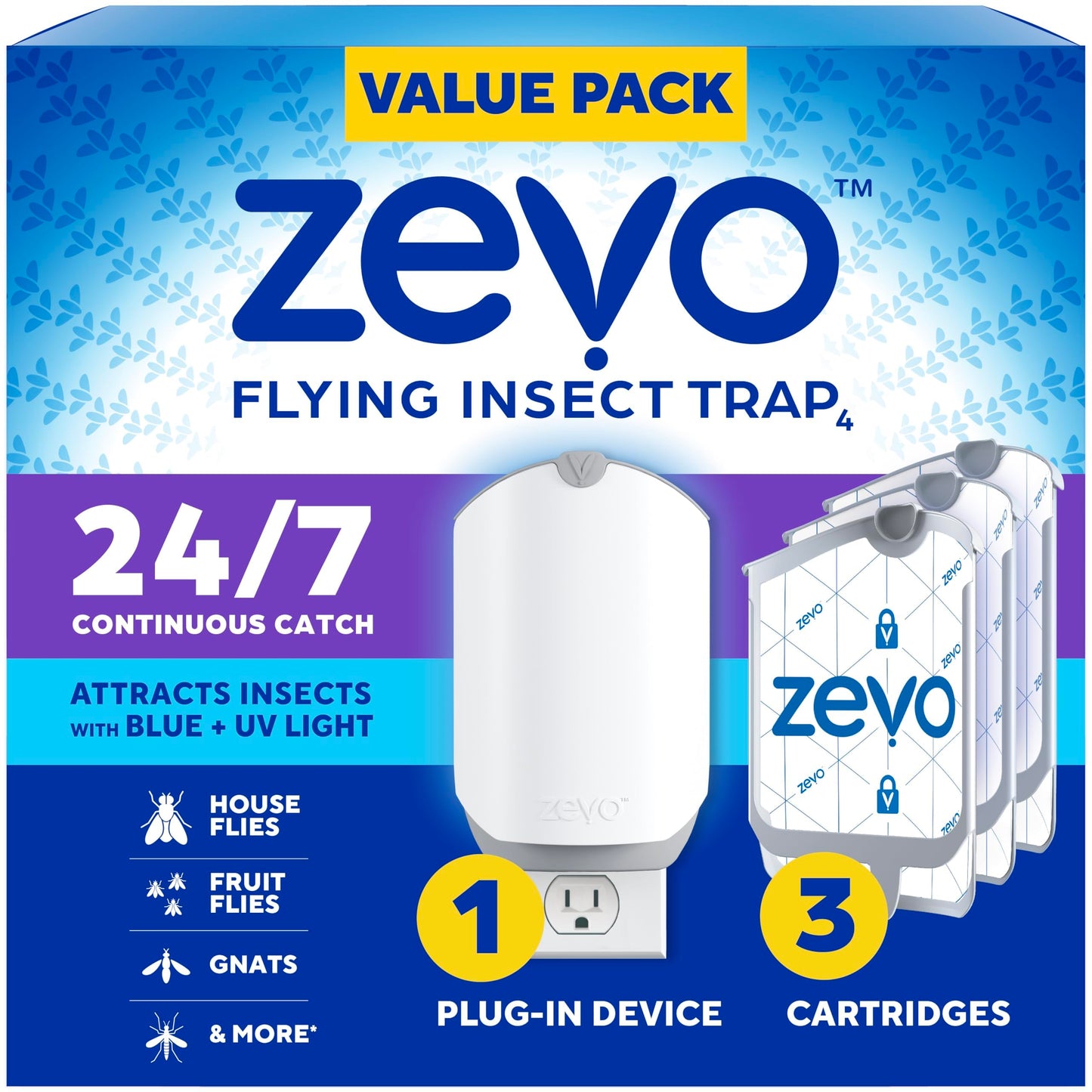 Zevo Flying Insect Trap & Cartridge - Plug in Fly Trap & Indoor Bug Catcher for Gnats, House & Fruit Flies - Mess-Free - Use in Any Room - Uses Blue & UV Light (1 Plug in Device & 1 Cartridge)