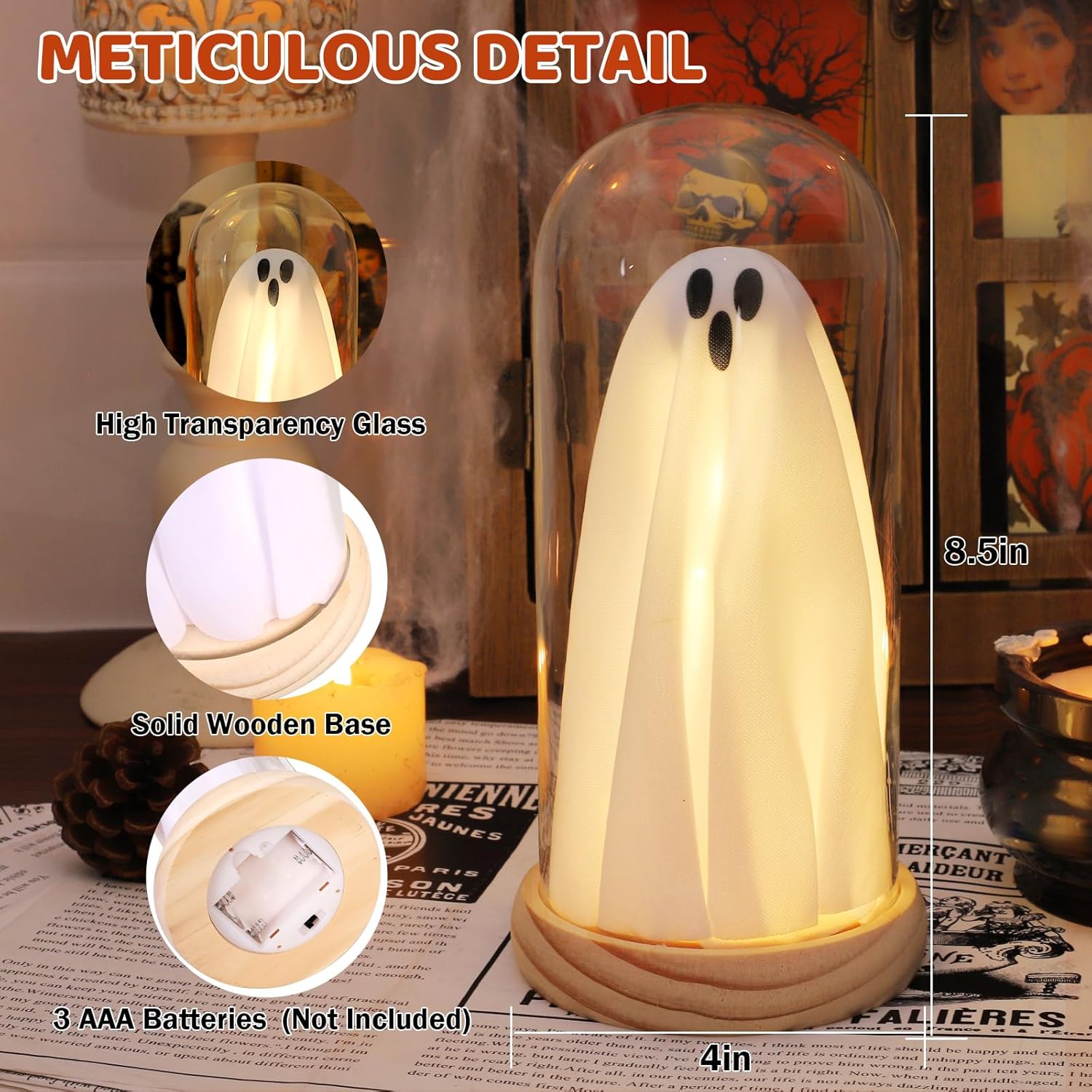 Halloween Ghost Decor Light – Light Up Ghost in Glass Cloche with Wood Base, Cute Indoor Halloween Decoration for Table, Shelf, Fireplace – Spooky Room Decor (1 Pack)