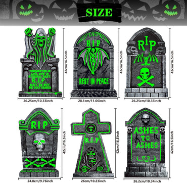 6 Pack Light Up Halloween Tombstones Decoration, 16.5"x11" Spooky Graveyard Decor for Outdoor Yard Parties, Waterproof Plastic Grave Markers with 12 Stakes for Cemetery Lawn Displays