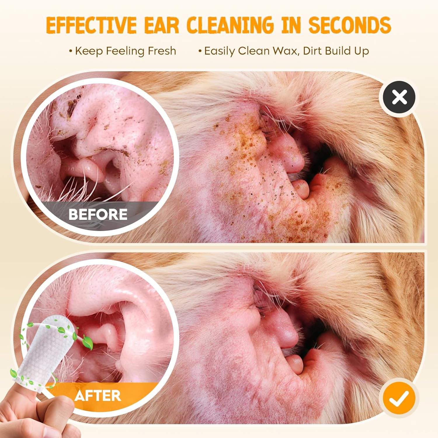 NEENCE Ear Finger Wipes for Dogs & Cats,Dog Ear Cleaner Finger Wipes, Soothing Cleansing Deodorizing Ear Care Wipes for Cat and Dog, Effectively Remove Ear Wax for Dogs & Cats(60 Pcs, Unscented)