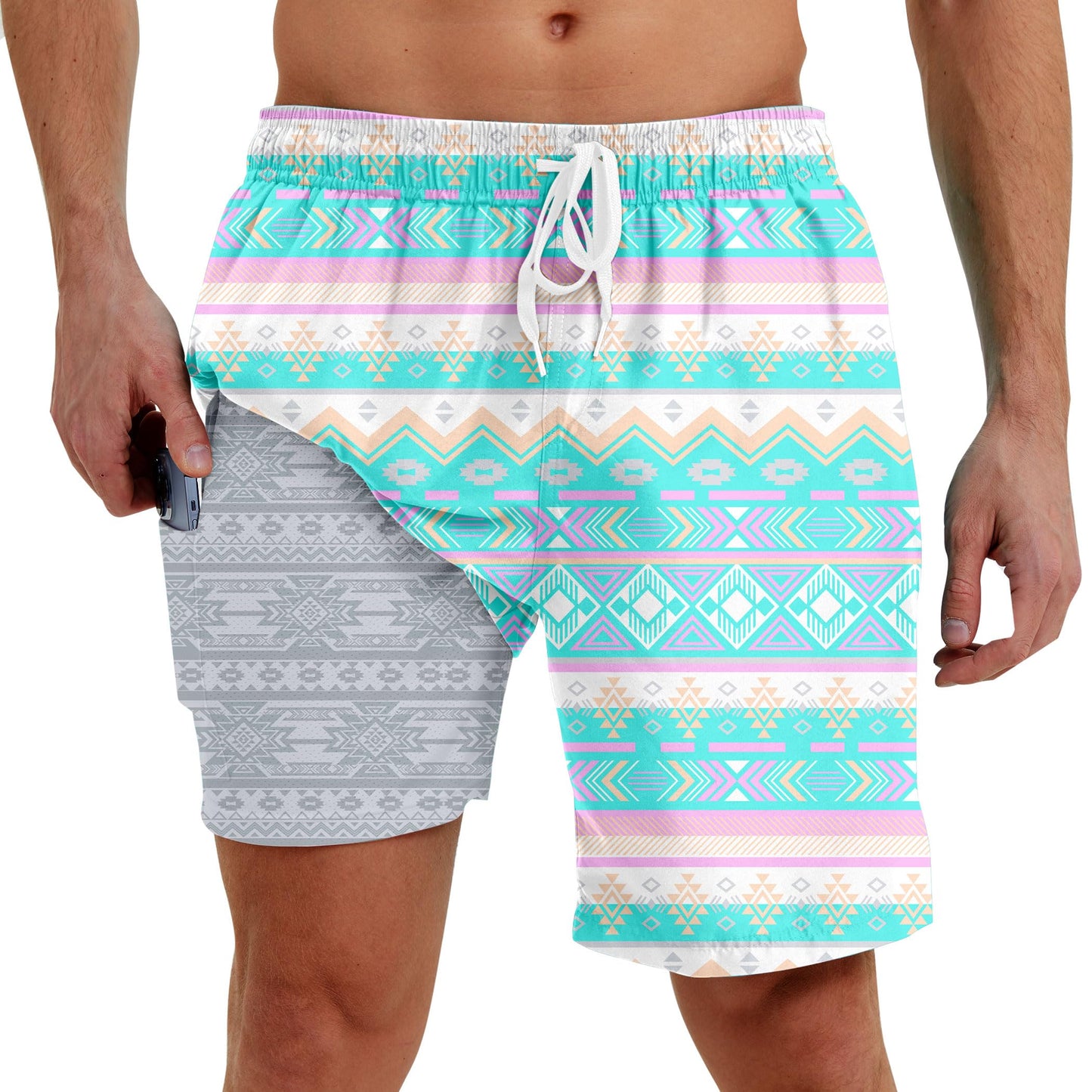 Men Swim Trunks with Compression Liner Men's 2 in 1 Bathing Suits 7 Inch Hawaiian Board Shorts
