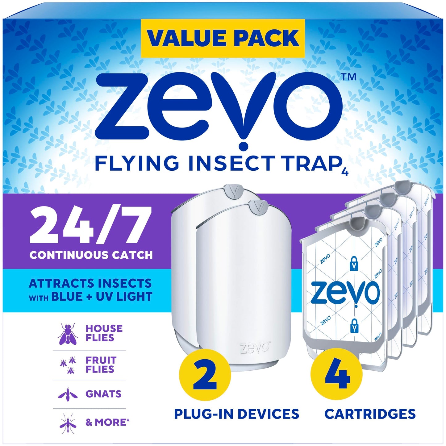 Zevo 2 Flying Insect Traps & 2 Cartridges - Plug In Fly Trap & Indoor Bug Catcher for Gnats, House & Fruit Flies - Mess-Free - Use in Any Room - Uses Blue & UV Light (2 Plug In Devices & 2 Cartridges)