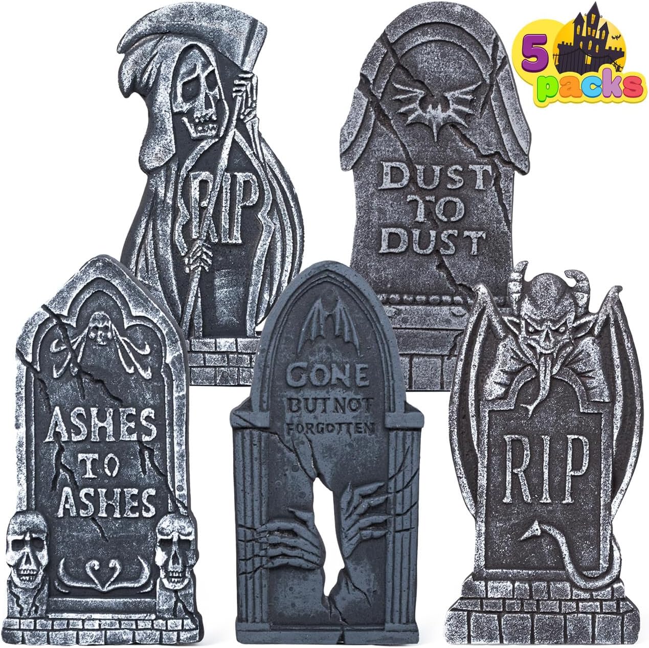 JOYIN 17” Halloween Tombstones for Graves Decorations Outdoor (5 Pack), Foam RIP Graveyard Headstone Decorations and 12 Bonus Metal Stakes for Halloween Yard Lawn Decor