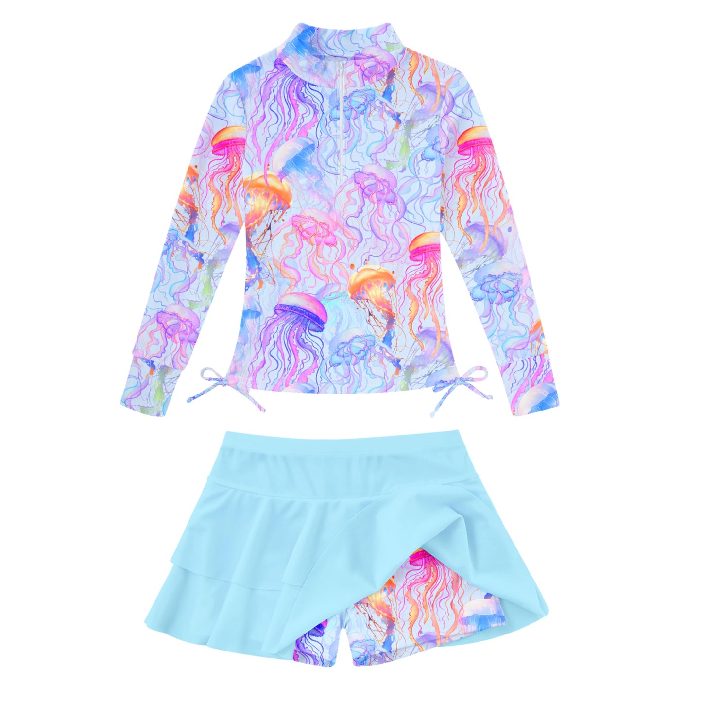 Vogseek 3-12T Girls Rash Guard 2 Pieces Bathing Suit Long Sleeve Swimsuit Swimming Skirt with Shorts Swimwear