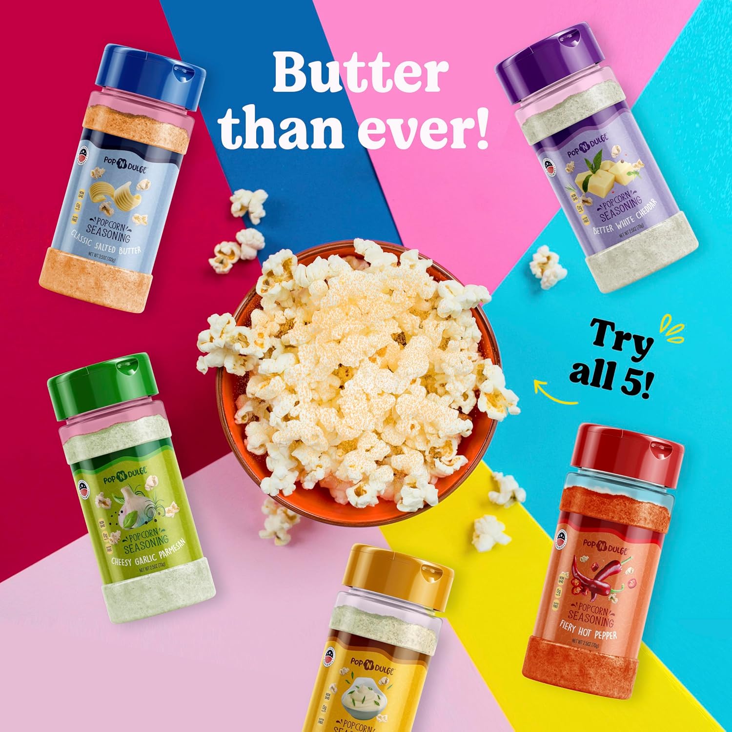 Popcorn Seasoning Popcorn Flavoring Variety Pack Gifts Set of 5 Popcorn Salt 2.5 OZ Shakers, Non-GMO Toppings, Movie Night Supplies Gift Basket, Popcorn Gift Set, Gift Ideas