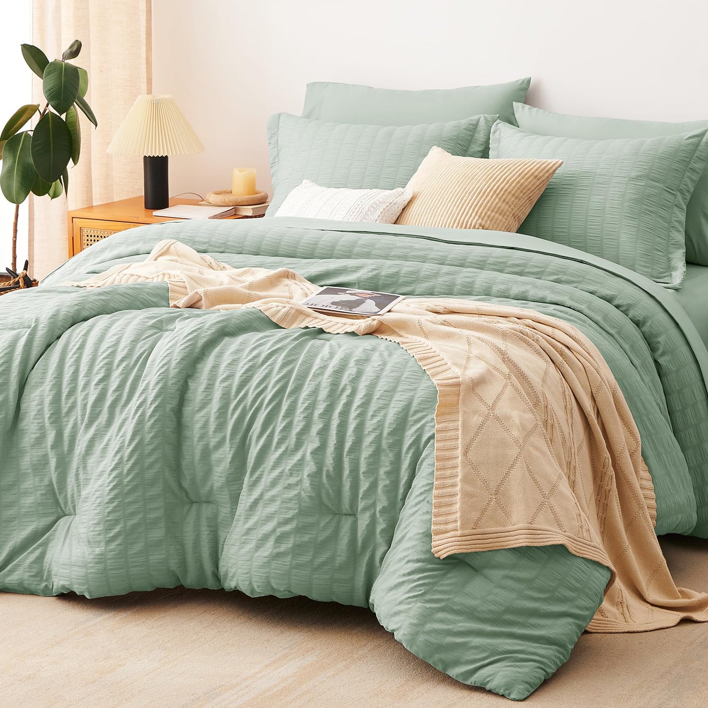 CozyLux Queen Comforter Set White Seersucker 7 Pieces Bed in a Bag Queen Comforter Set with Sheets, Luxury Soft Bedding Set with Down Alternative Comforter, Sheets, Pillowcases & Shams for All Seasons