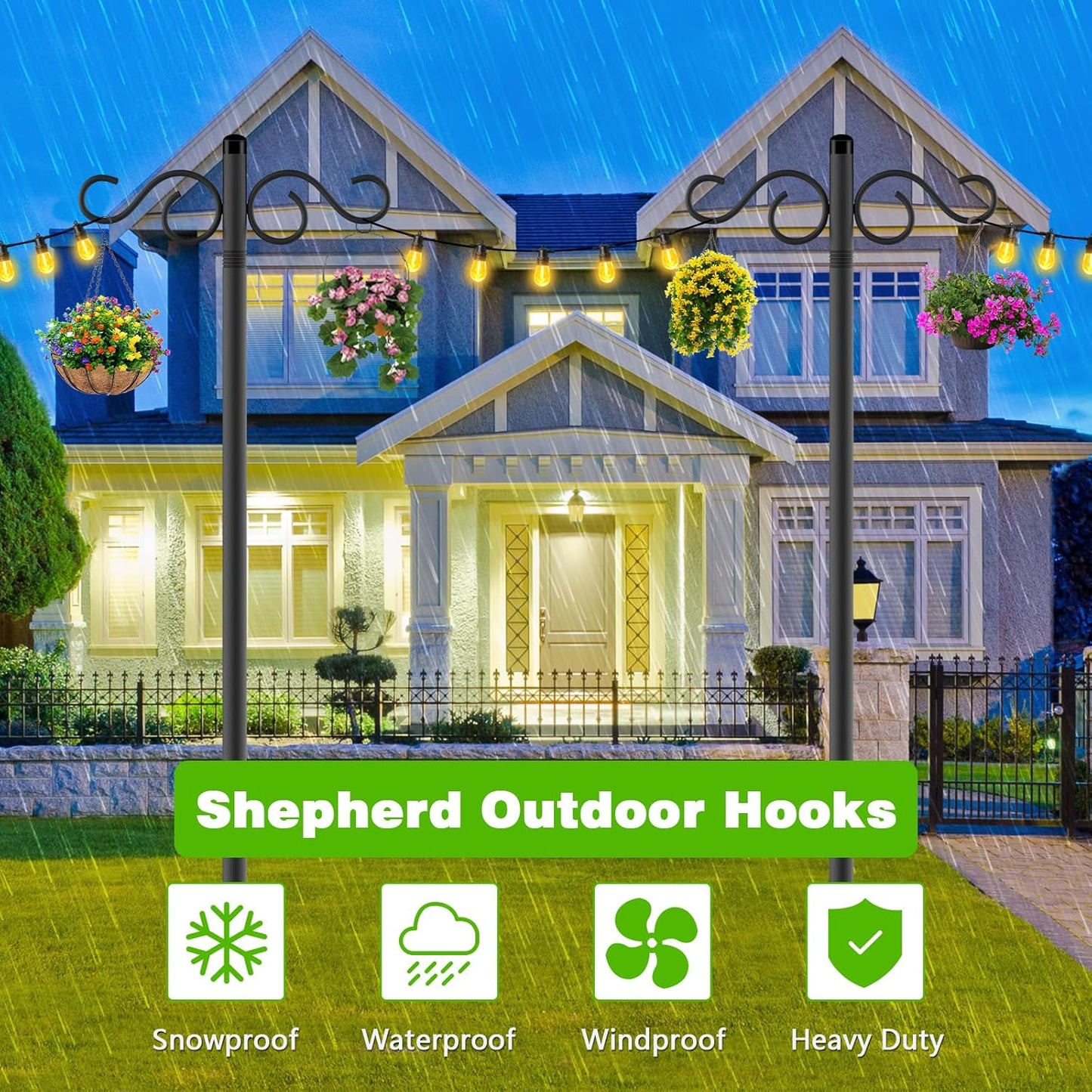Double Shepherds Hooks for Outdoor,2 Pack 90 Inch Bird Feeder Pole with 5 Prongs Base,Heavy Duty Shepherds Hook,Suitable for Garden in Hanging Flower Basket,Lantern,Bird Nests (90 Inch)