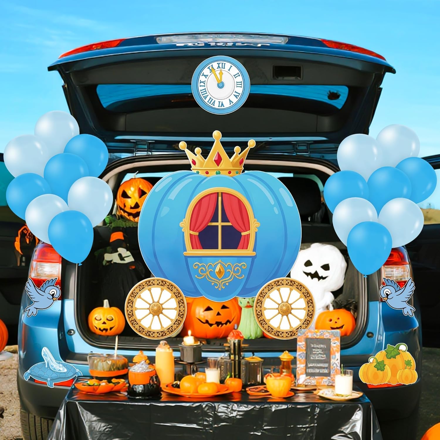 Halloween Trunk or Treat Party Decoration Kit - Princess Prince Car Archway Garage Decoration Halloween Blue Pumpkin Cartoon Cutouts with Backdrop Balloons for House Outdoor Decor, 42Pcs