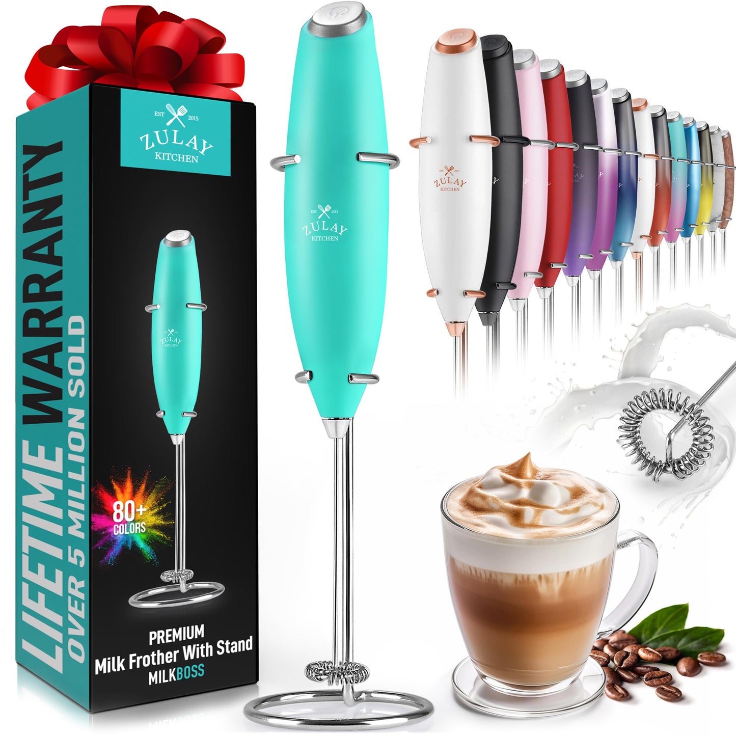 Zulay Kitchen Powerful Milk Frother Wand With 2 Duracell Batteries - Ultra Fast Handheld Drink Mixer - Electric Whisk Foam Maker for Coffee, Lattes, Cappuccino, Matcha, Hot Chocolate & Creamer - Black