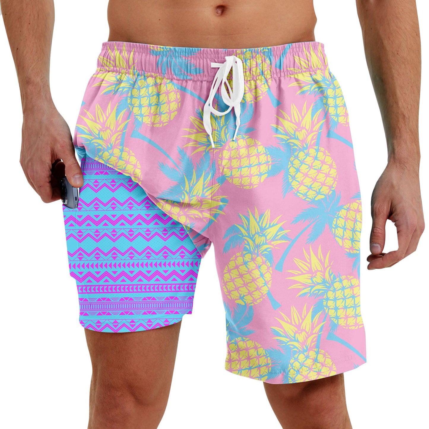 Men Swim Trunks with Compression Liner Men's 2 in 1 Bathing Suits 7 Inch Hawaiian Board Shorts