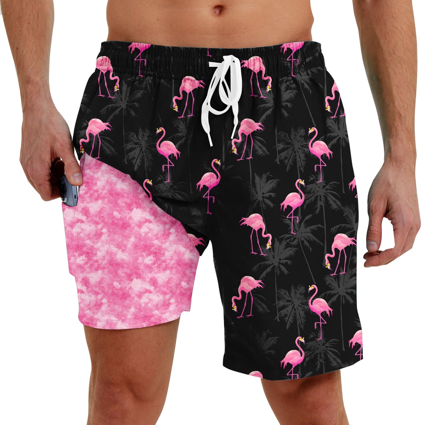Men Swim Trunks with Compression Liner Men's 2 in 1 Bathing Suits 7 Inch Hawaiian Board Shorts