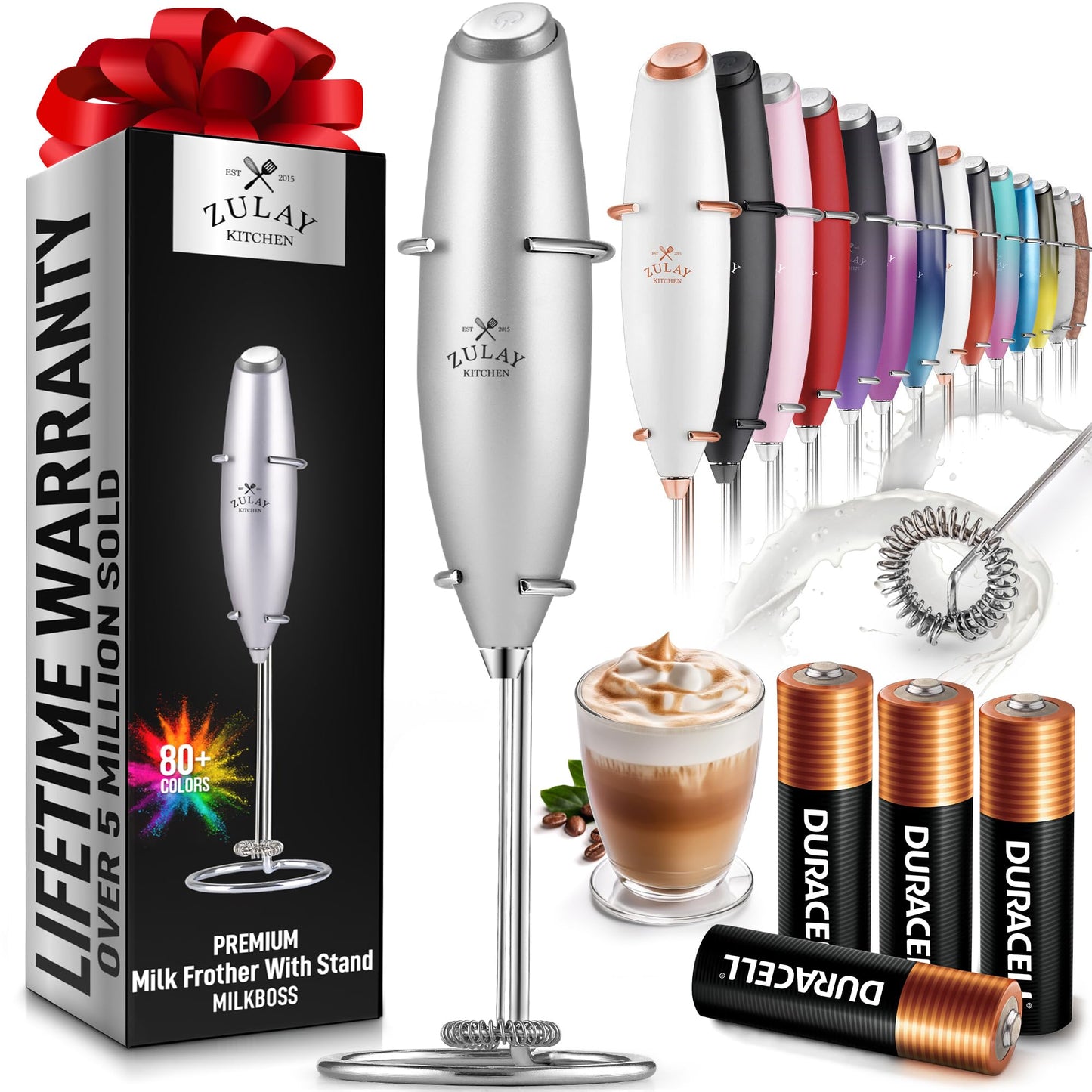 Zulay Kitchen Powerful Milk Frother Wand With 2 Duracell Batteries - Ultra Fast Handheld Drink Mixer - Electric Whisk Foam Maker for Coffee, Lattes, Cappuccino, Matcha, Hot Chocolate & Creamer - Black