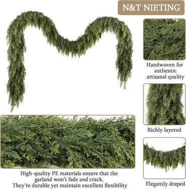 9ft Christmas Cedar Garland with Soft Thickness Pine, Artificial Green Faux Cedar Pine Garland for Mantle Fireplace Indoor Outdoor Holiday Party Home Decoration(2 Pcs)