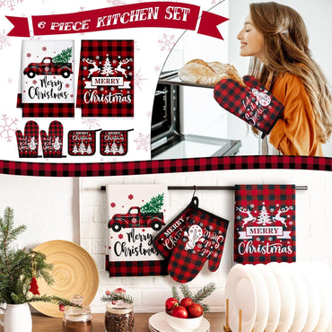 Bencailor 6 Pcs Christmas Kitchen Towel Oven Mitts and Pot Holders Set Xmas Theme Dish Towels Heat Resistant Oven Gloves for Summer Kitchen Cooking Baking Grilling(Christmas Red Plaid Theme)