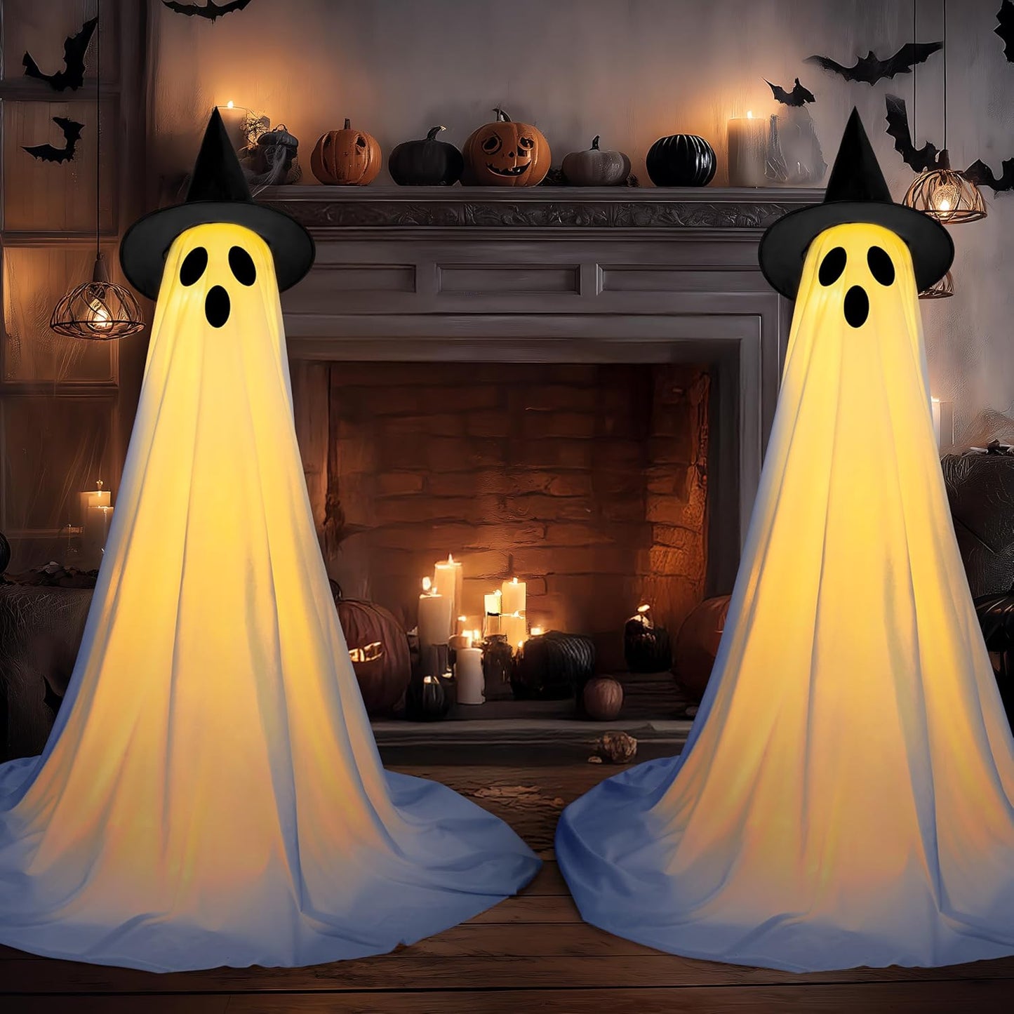JOYIN 2 Packs 47'' Halloween Decorations Outdoor Standing Ghost, Light Up Spooky Ghost with Witch Hat & Remote Control, Glowing Halloween Decor for Yard Porch Lawn Garden Party Supplies Haunted House