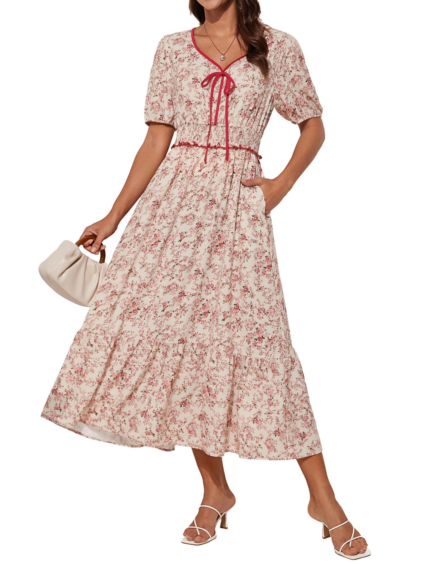 GRACE KARIN 2025 Women's Summer Floral Flowy A Line Midi Dresses Elegant Short Sleeve Smocked V-Neck Tiered Dresses