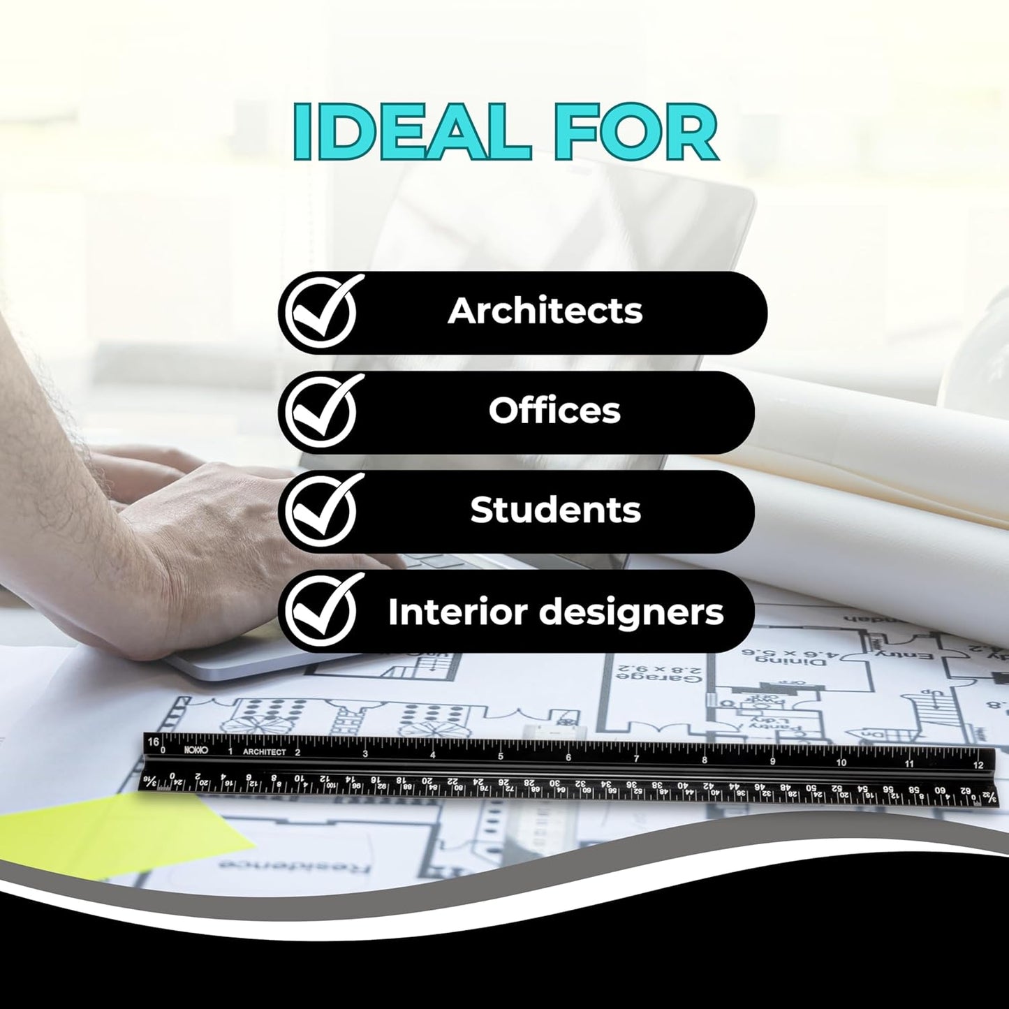 NOKKO 12 Inch Architectural Scale Ruler - Imperial Measurements, Professional Aluminum Drafting Tools for Architects, Engineers, Interior Designers, Students, and DIY Projects - Architecture Supplies