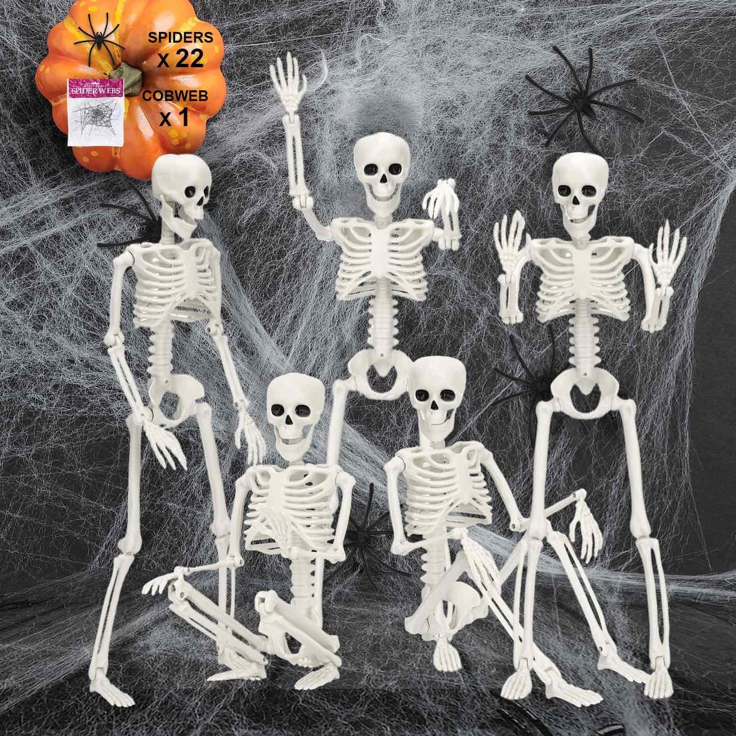 5 Pack Posable Skeleton Halloween Decorations, 16in Halloween Skeleton Decor- Full Body Movable Joints with 22 Spiders & Cobweb, Outdoor/Indoor Scary Party Graveyard Props Hanging Skeletons