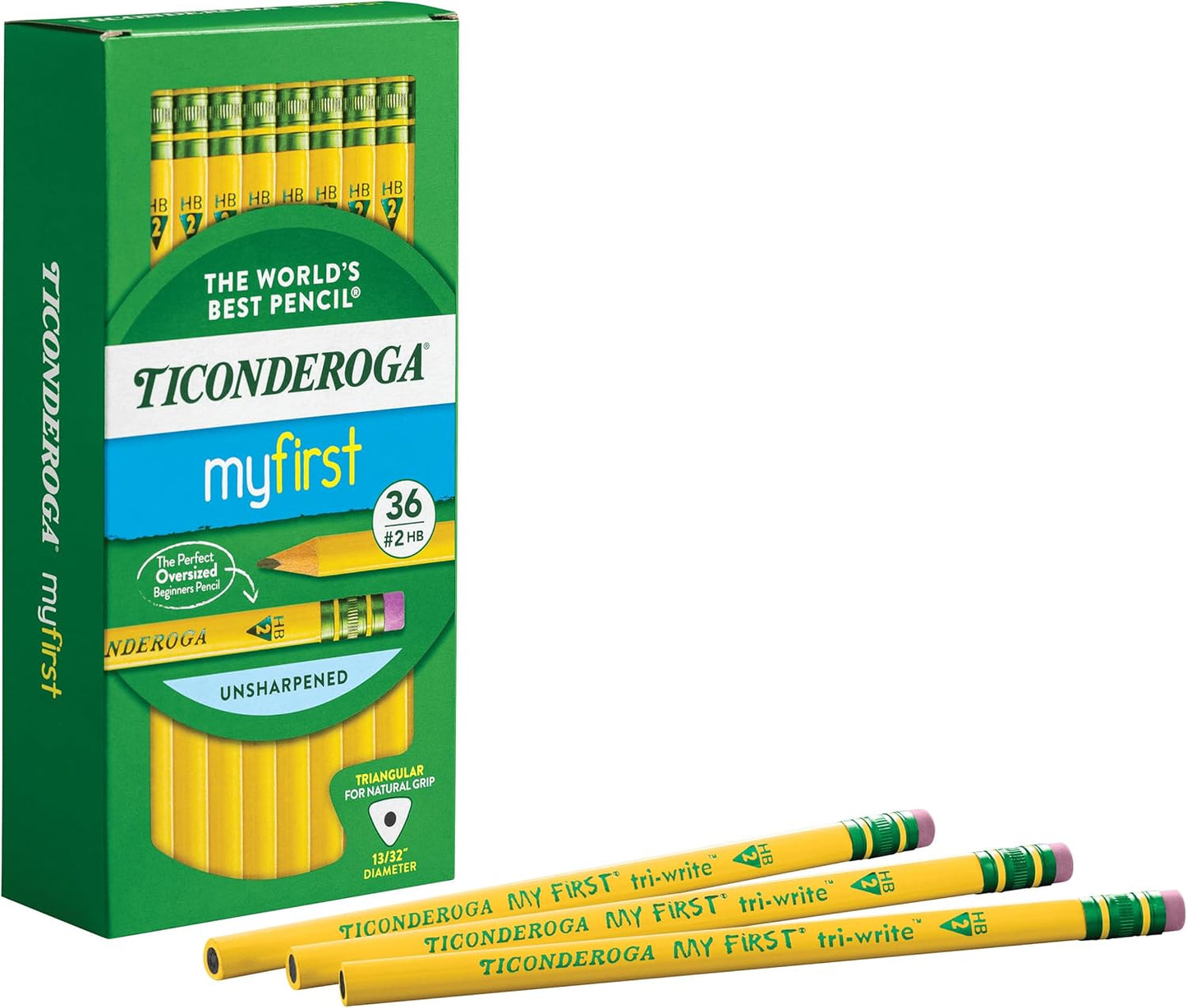 Ticonderoga My First Tri-Write Wood-Cased Pencils, Unsharpened, 2 HB Soft, With Erasers, Yellow, 36 Count
