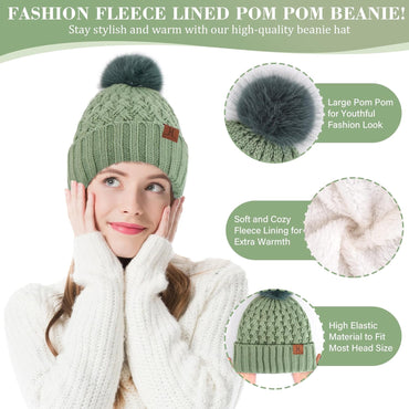 Womens Winter Beanie Hat Touchscreen Gloves Long Neck Scarf Set Warm Knit Caps with Pom Fleece Gifts for Women