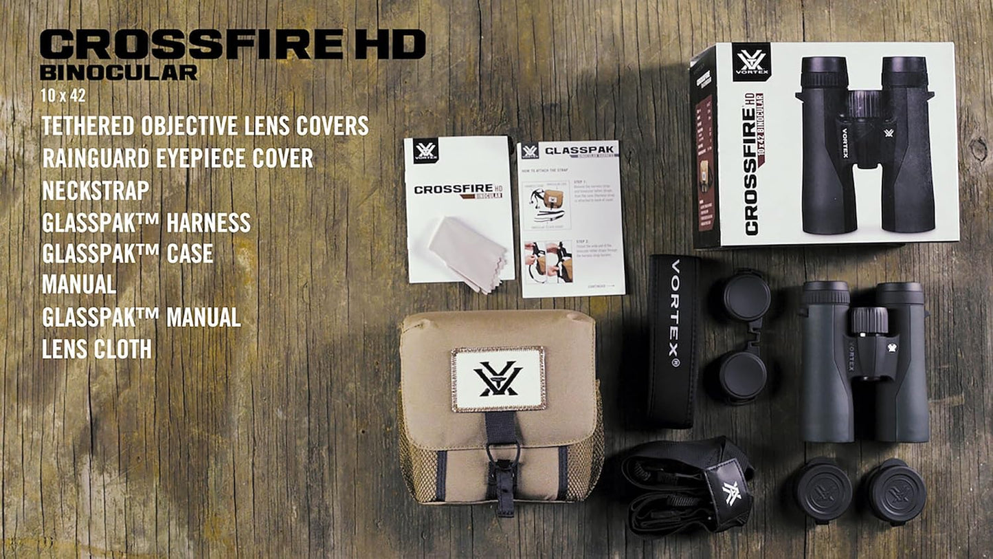 Vortex Optics Crossfire HD 10x42 Binoculars - HD Optical System, Tripod Adaptable, Rubber Armor, Waterproof, Fogproof, Shockproof, Included GlassPak - Unlimited, Unconditional Warranty