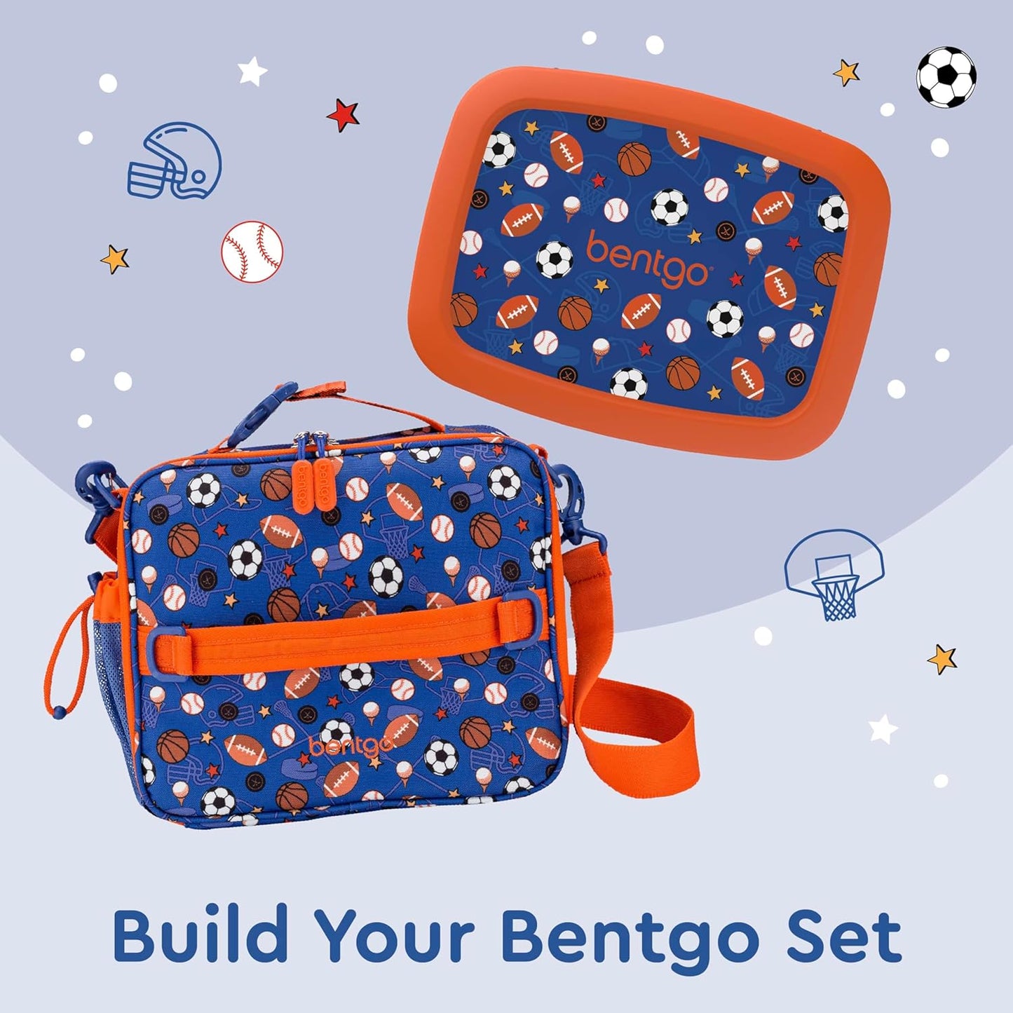 Bentgo Kids Lunch Bag - Double-Insulated, Reusable Lunch Bag for Kids 3+ with Adjustable Strap; Holds Lunch Box/Water Bottle/Snacks; Easy-Clean, Water-Resistant & Pockets (Sports)