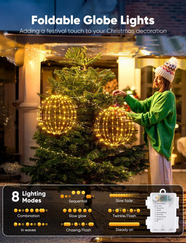 Brightown Christmas Ball Lights 3 Pack 12 Inch 120 LEDs, Battery Operated Sphere Lights with Timer,Waterproof 8 Modes with Hook for Outdoor Xmas Decorations Yard Porch Patio(Warmwhite)