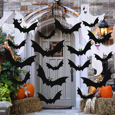 15 Pcs Hanging Bats Halloween Decoration Outdoor, Large Scary Fake Black Hanging Flying Bat Spooky Decor for Halloween Yard Sign Outside Indoor Party Supplies Wall Decals (3 Sizes)