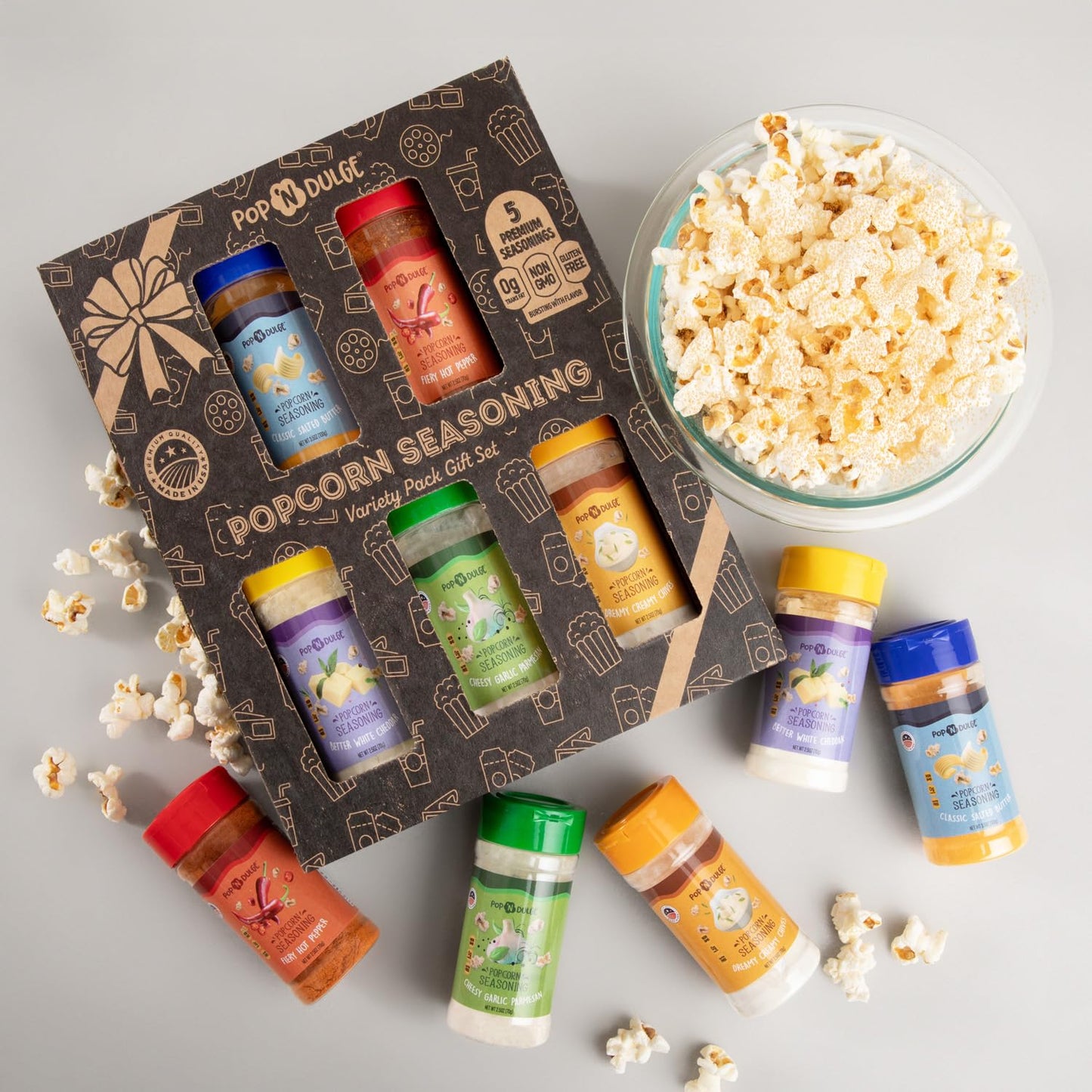 Popcorn Seasoning Popcorn Flavoring Variety Pack Gifts Set of 5 Popcorn Salt 2.5 OZ Shakers, Non-GMO Toppings, Movie Night Supplies Gift Basket, Popcorn Gift Set, Gift Ideas