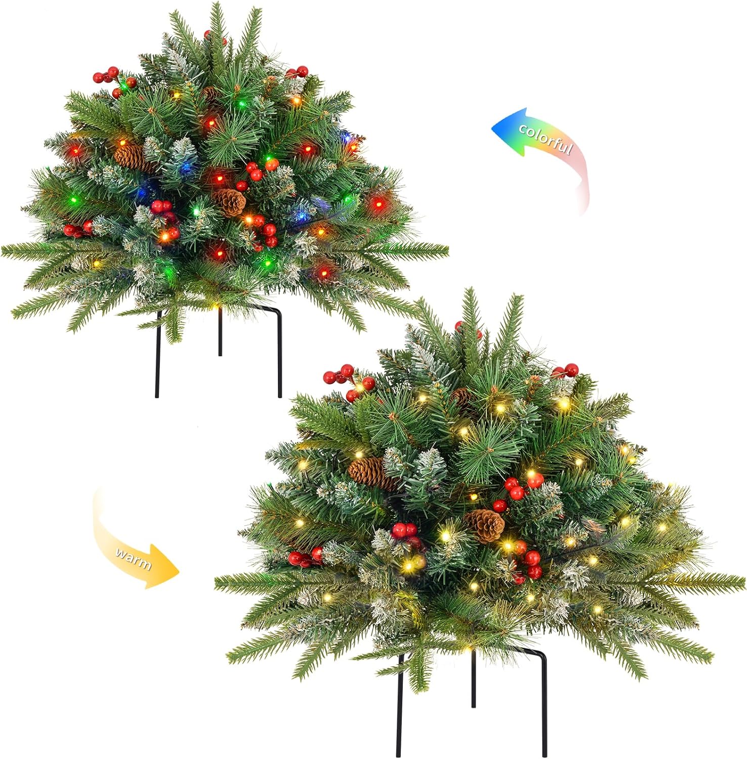 2 Pack Christmas Tree Urn Filler, Battery Operated with Timer, Pre-lit Warm White & Multi-Color Changing LED Lights, 21in Artificial Xmas Tree for Porch, Pathway, Yard, Outdoor Holiday Decorations