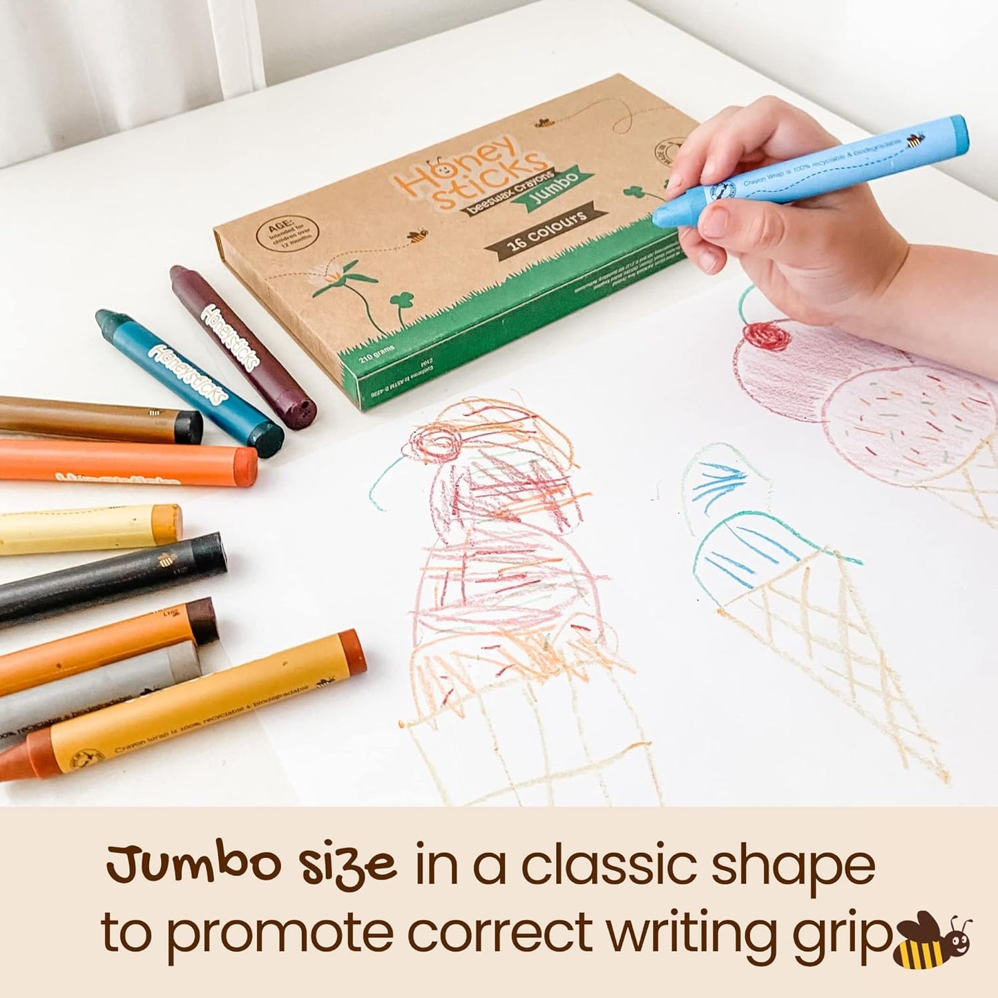 Honeysticks Jumbo Crayons (16 Pack) - Non Toxic Crayons - 100% Pure Beeswax and Food Grade Colors - 16 Bright Colors - Large, Easy to Hold and Use - Preschool Art Supplies for Toddlers/Kids 3-5, 4-8
