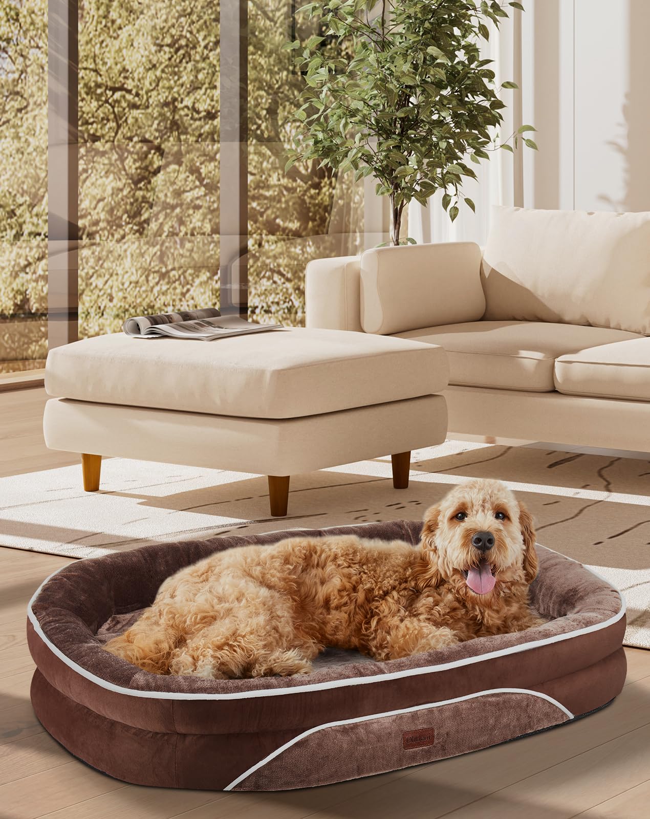 OhGeni Orthopedic Dog Bed Couch for Large Sized Pets with Egg Foam Support, Four-Sided Bolster Cushions, Soft Tear-Resistant Fabric, and Removable Machine Washable Plush Cover 35-Inch (Gray)
