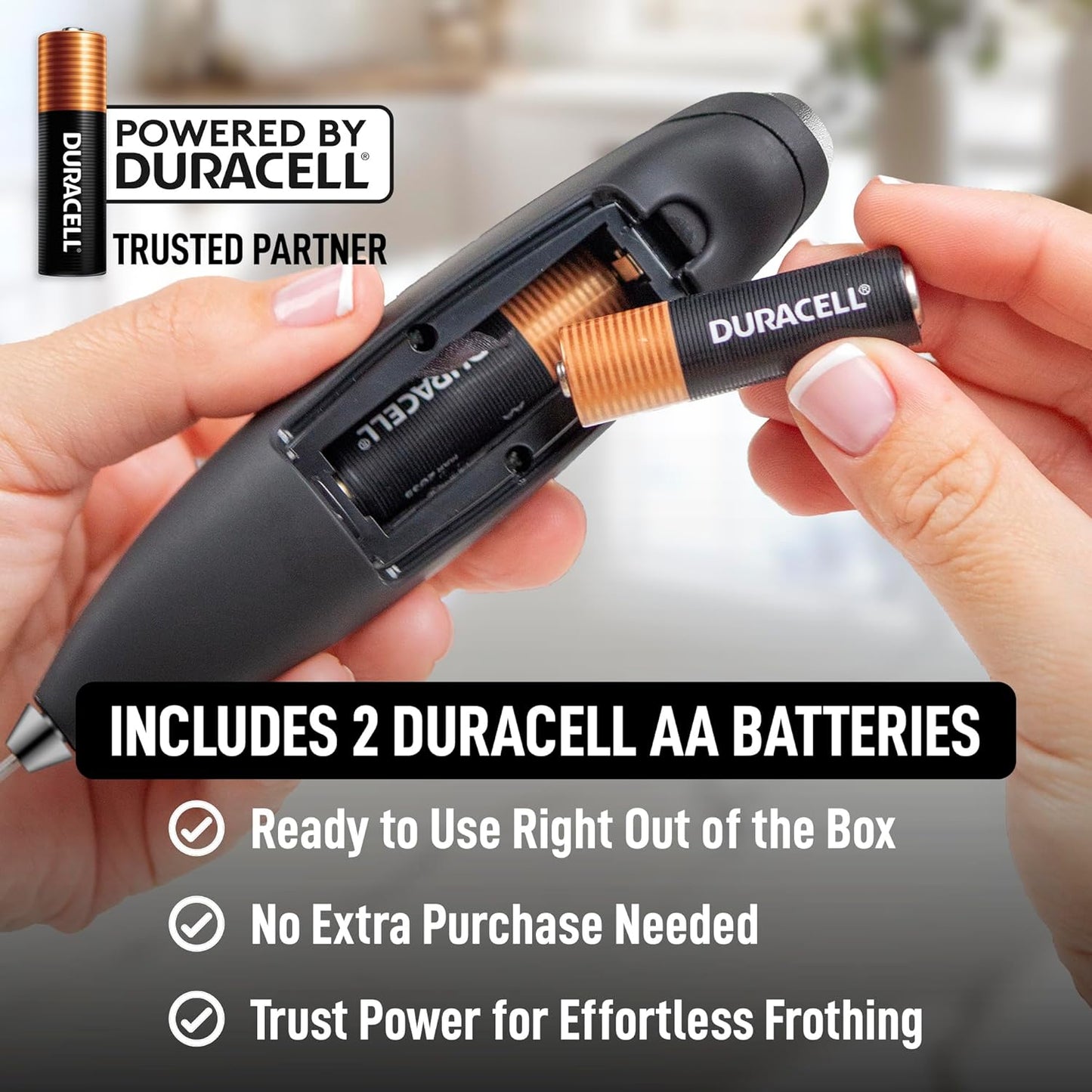Zulay Kitchen Powerful Milk Frother Wand With 2 Duracell Batteries - Ultra Fast Handheld Drink Mixer - Electric Whisk Foam Maker for Coffee, Lattes, Cappuccino, Matcha, Hot Chocolate & Creamer - Black