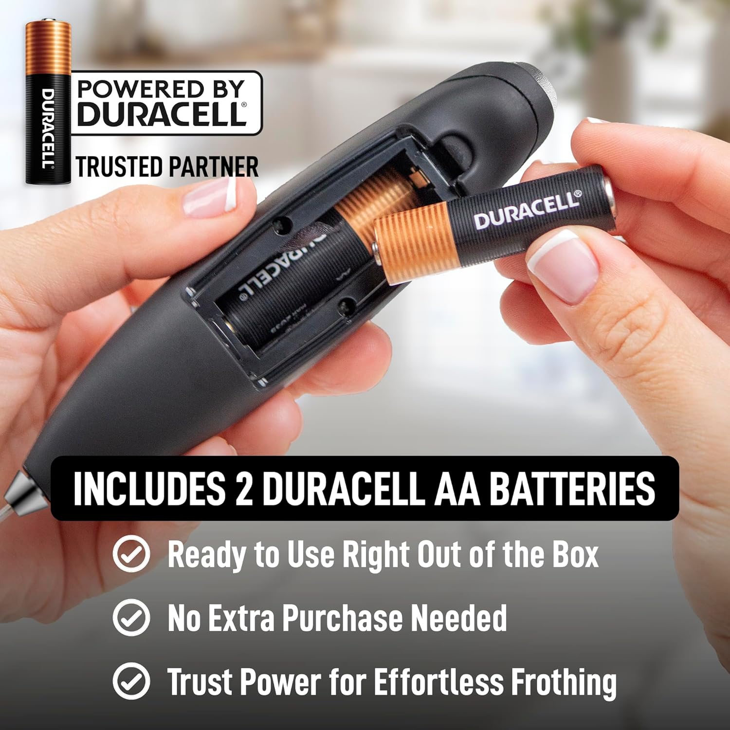 Zulay Kitchen Powerful Milk Frother Wand With 2 Duracell Batteries - Ultra Fast Handheld Drink Mixer - Electric Whisk Foam Maker for Coffee, Lattes, Cappuccino, Matcha, Hot Chocolate & Creamer - Black