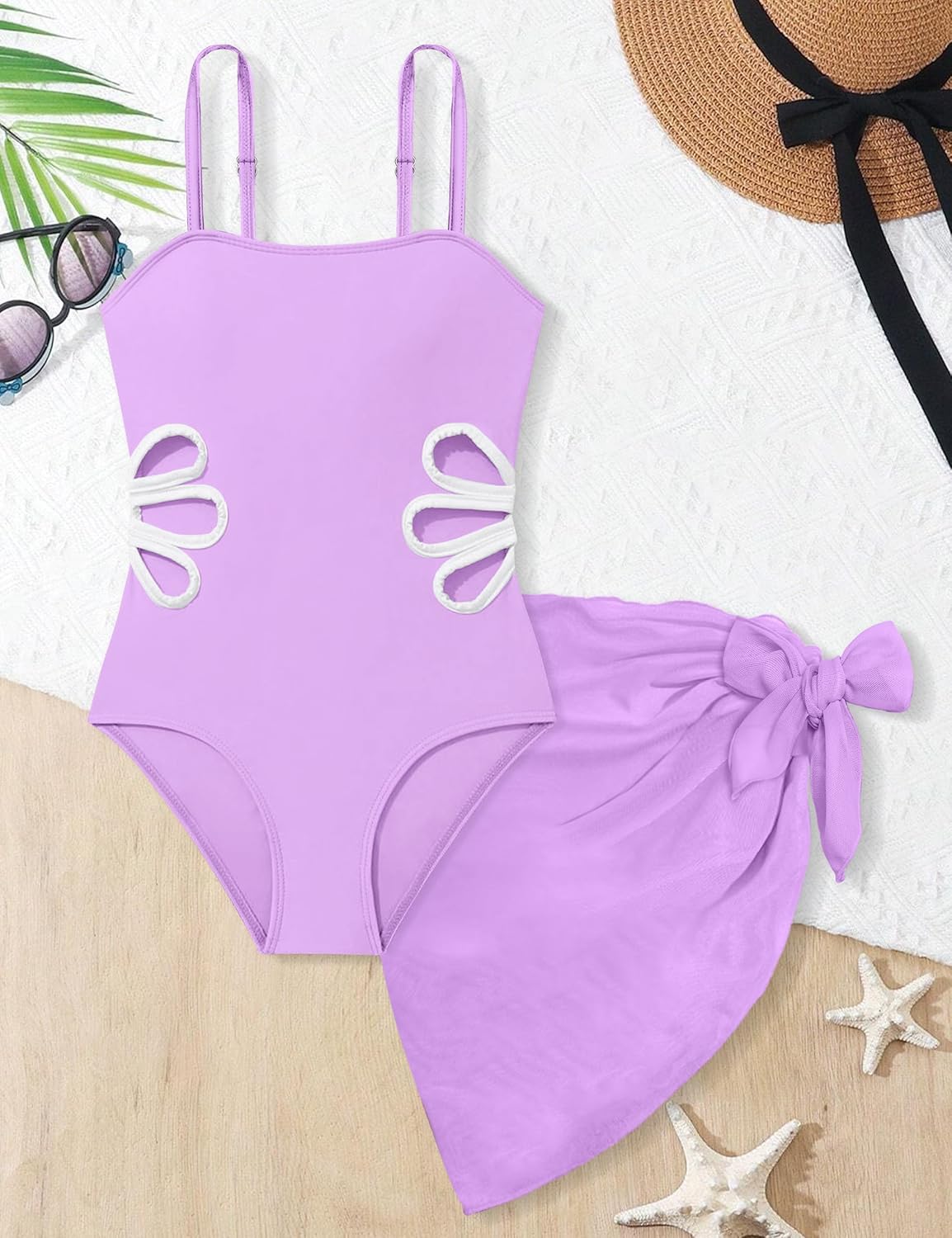 Girls Swimsuit, Adjustable Straps Cut Out One Piece Bathing Suit with Solid Color Cover Up Skirt Girls' Swimwear