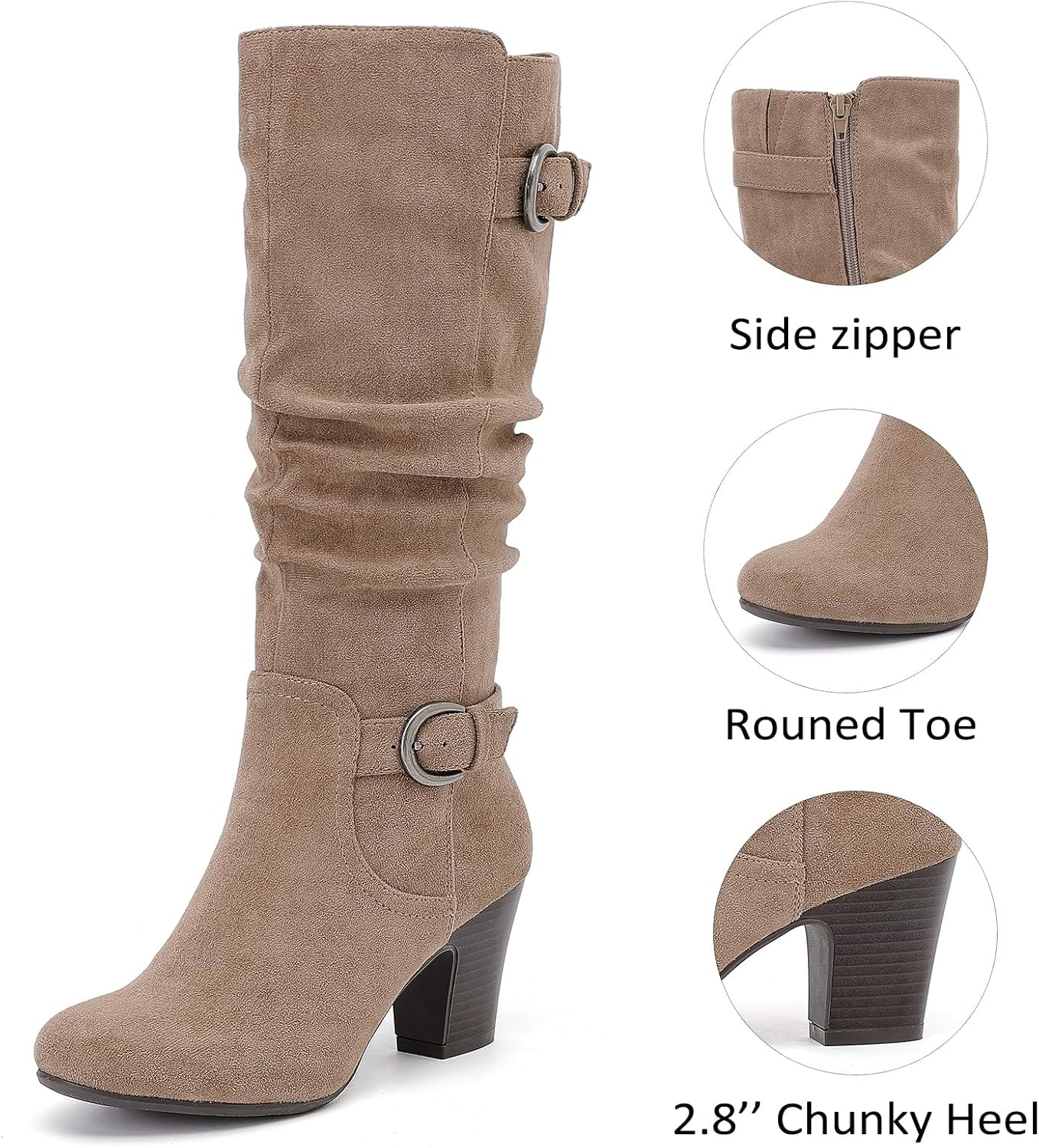 Women's Slouchy Knee High Boots with Chunky Heel, Pointed Toe, Comfortable and Fashionable Fall Winter Boots for Women.