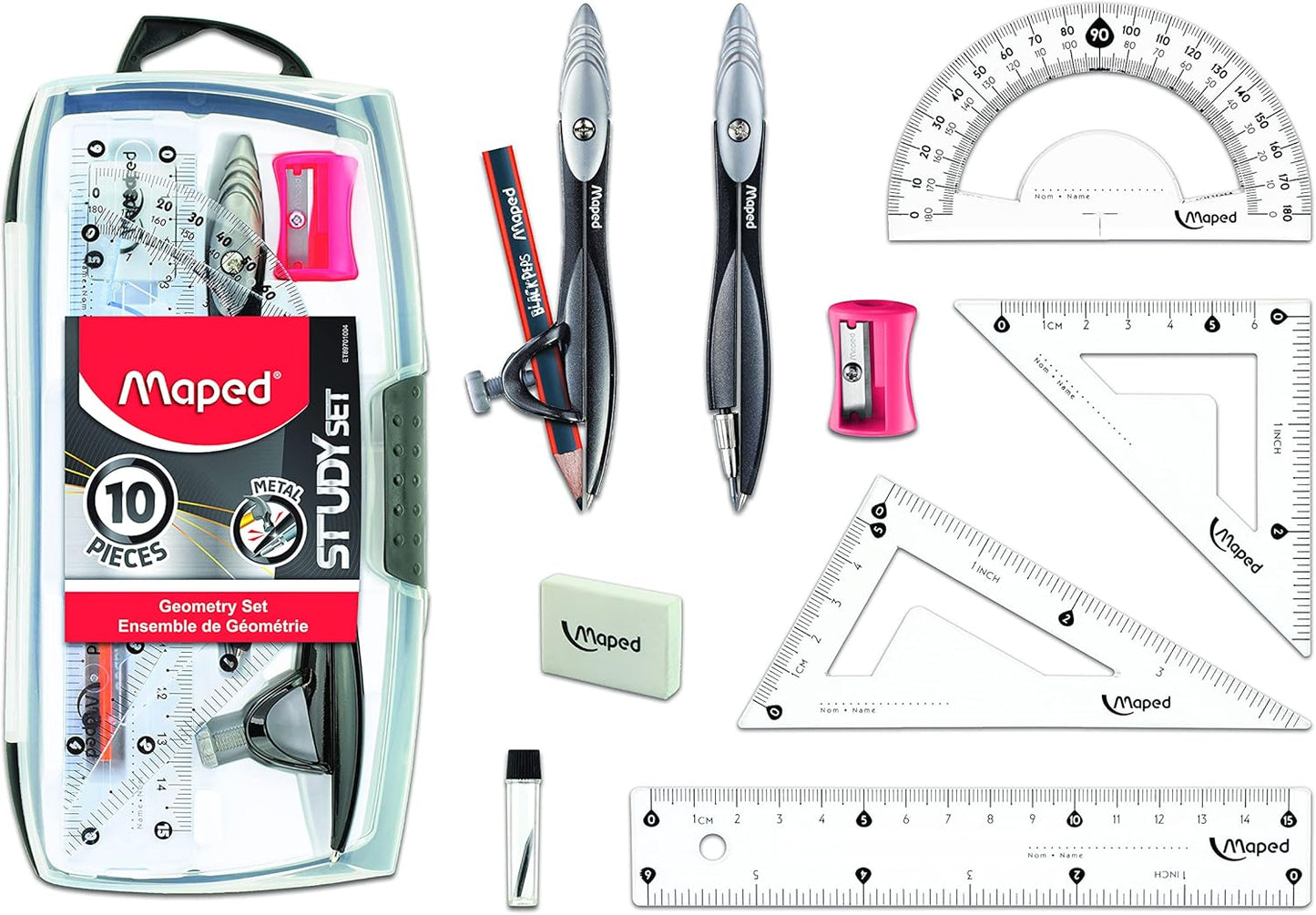 Maped Study Geometry 10 Piece Set - Advanced Student Kit - Precision Tools - Durable & Ergonomic Design - Enhances Creativity - Quality Materials