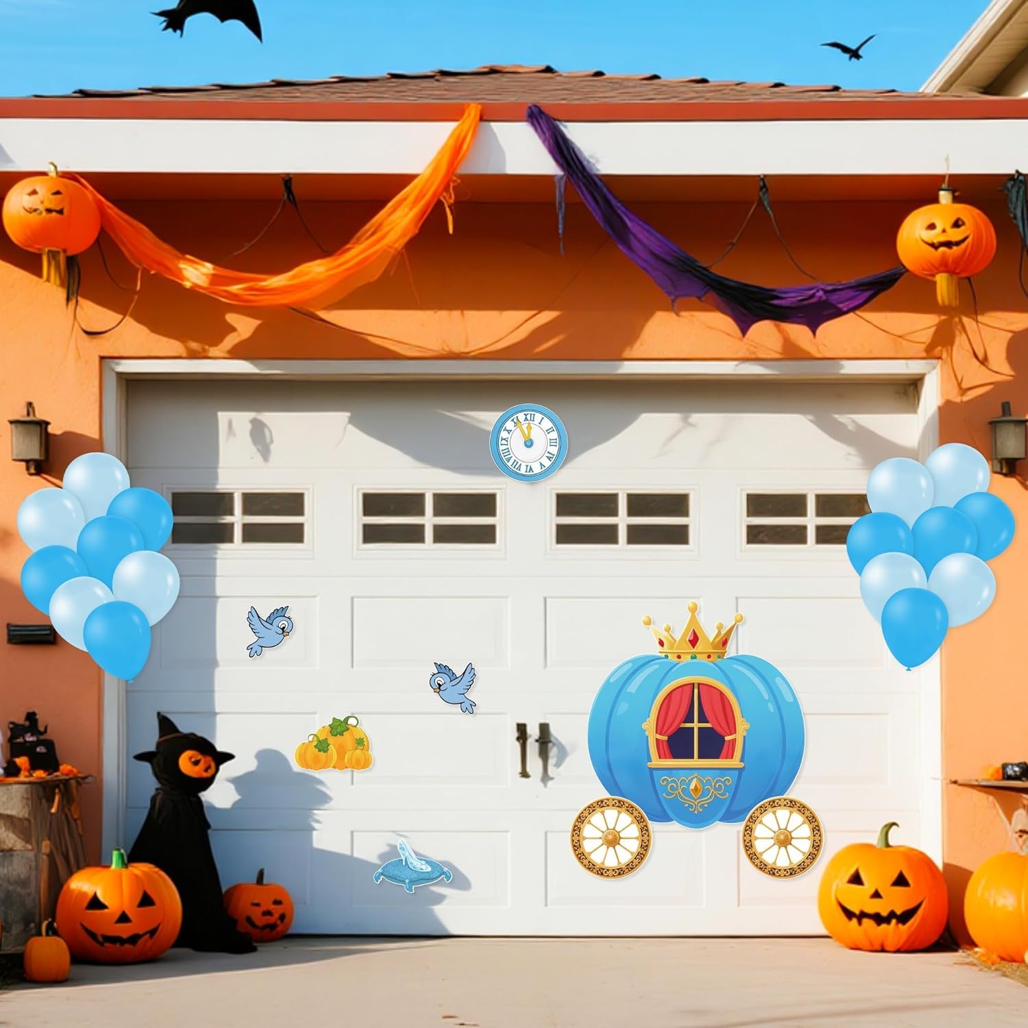 Halloween Trunk or Treat Party Decoration Kit - Princess Prince Car Archway Garage Decoration Halloween Blue Pumpkin Cartoon Cutouts with Backdrop Balloons for House Outdoor Decor, 42Pcs