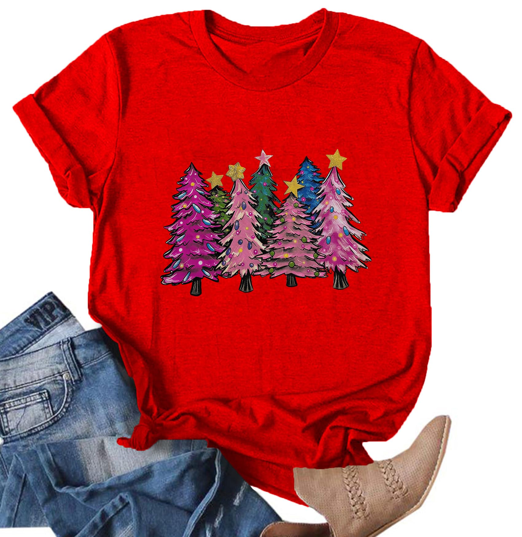 Christmas Shirts for Women:Merry Christmas T-Shirt Xmas Tree Casual Short Sleeve Tee Tops