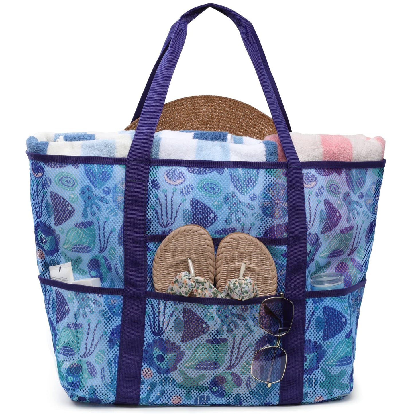 F-color Mesh Beach Bag Family - 9 Pockets Large Beach Tote for Cruise Vacation Essentials