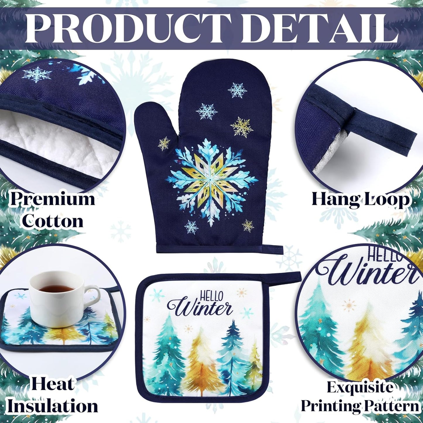 Bencailor 6 Pcs Christmas Kitchen Towel Oven Mitts and Pot Holders Set Xmas Theme Dish Towels Heat Resistant Oven Gloves for Summer Kitchen Cooking Baking Grilling(Colorful Christmas Tree Theme)